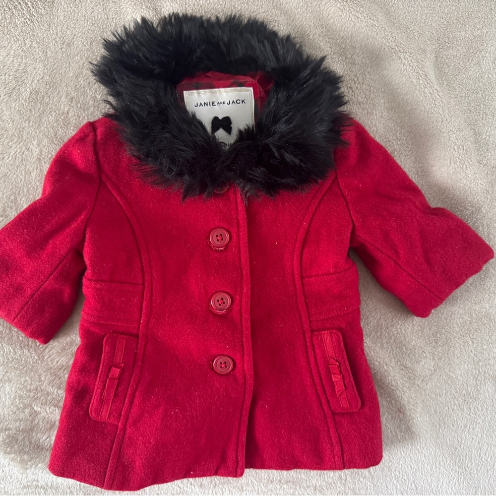 Janie and Jack Red Wool Peacoat w/ Faux Fur Collar (3–6M) - Picture 2 of 5